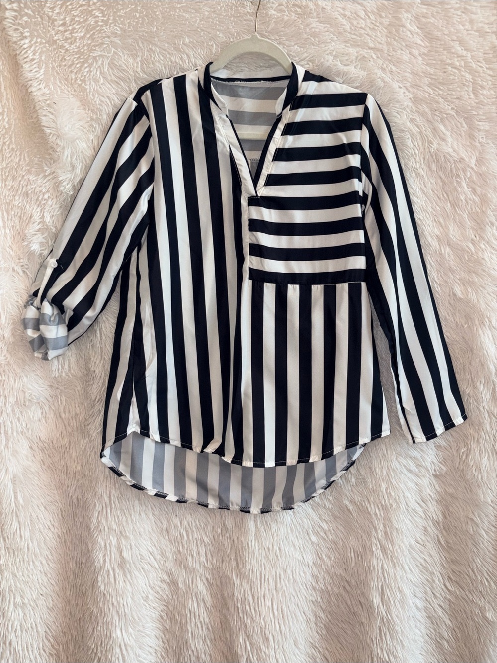 Black & White Striped V-Neck Roll-Sleeve Women's Top
